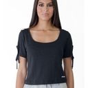 DKNY NWT!  Jeans Black Cropped Tie Sleeves Deep Scoop Neck Short Sleeve Tee Small Photo 0