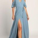 Lulus Lulu’s Easy Listening Slate Blue Cold-Shoulder Wrap Maxi Dress Photo 0