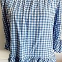 BeachLunchLounge  • Blue White Gingham Plaid Off Shoulder Blouse Photo 2