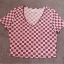 belle du jour Juniors Pink Floral Checkered V-Neck Short Sleeve Fitted Crop Top Photo 2