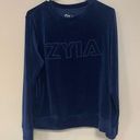 Zyia Active Velour Long Sleeve Sweatshirt Navy Blue Spell Out Athletic Womens M Photo 0