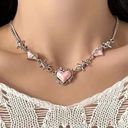 Creative Pink Love Heart Silver Plated Chain Necklace Punk Y2K Style‎ Neck Photo 0