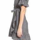 Moon River Heather Gray Blanket Stitch Linen Blend Ruffle Wrap Mini Dress Photo 2