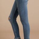 Free People Blue Great Heights Frayed Hem Distressed Skinny Straight Leg Jeans Photo 5