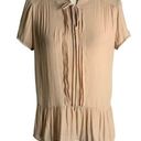 Ro & De  Pleated Peplum Blouse Top S Beige Short Sleeve High Low Hem Tie Neck Photo 0