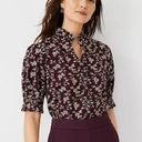 Ann Taylor  NWT Women's Small Maroon Floral Embroidered Blouse Puff Sleeve Ruffle Photo 0