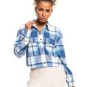 Roxy NWT  Both Ways Cropped Plaid Button Down Shirt Blue Size M Photo 0