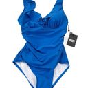 DKNY  Tummy Control Ruffle Plunge Underwire One Piece Swimsuit Blue Size 6 NWT Photo 2