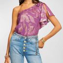 Ramy Brook  Peach Ruffle One-shoulder Silk Blend Top In Purple Jacquard Large Photo 11