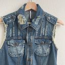 Free People Moody Blue Combo Distressed Denim Crochet Knit Macrame Cargo Vest Photo 5