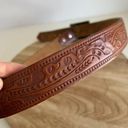 Vintage 90s Brown Tooled Genuine Leather USA Chunky Stone Buckle Belt Photo 2