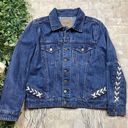 BLANK NYC  Denim Jean Faux Suede Fringe Stitch Boho Jacket Blue Beige Size XS Photo 0