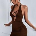 Chocolate brown plunging cross Vneck ruched bodycon halter dress size small NWOT Photo 0