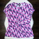 DKNY  Pink Abstract Front Twist Knot Short Sleeve Blouse Photo 0