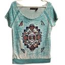 Sweater Project  Light Aqua Blue Aztec Short Sleeve Oversized Blouse Size XL Photo 0