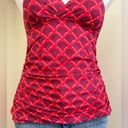 L.L.Bean  Tankini Swim Top Tie Neck Coral And Blue Geometric V Neck Sz 10 Photo 2