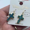 NWT Chic & Chic shimmering druzy quartz cross in turquoise blue earrings. Photo 1