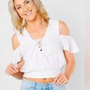 Guess  ELOISE COLD SHOULDER CROP TOP🍒SIZE S🍒LACE UP FRONT METALLIC THREAD Photo 0