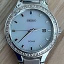 Seiko  Solar Ladies Watch Diamonds Stainless Bracelet Pearl Dial Date Window Photo 5