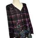 Black Rainn  - Roll Tab Sleeve V Neck Pullover Blouse Purple Black Plaid - Medium Photo 14