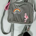 Handmade Gray Grey Silver Velvet Rainbow Flamingo ‘Good Vibes Only’ Patches Punk Studded Mini Backpack Purse Bag Pocketbook ⛓🔪 Photo 0