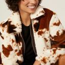 Slate + Willow  Cow Print Faux Fur Jacket Brown White Zip Up Oversized sz Medium Photo 4