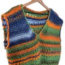 Women’s blue orange green stripe handmade crochet knit sleeveless v neck sweater Size L Photo 1