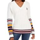 Tommy Hilfiger  Sweater Ivory V-Neck Varsity Cable Knit Pullover Size L MSRP $79 Photo 0