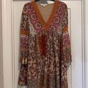 Davi & Dani  Mix Print Full Flowy Dress Lace Trim V-Neck Bell Sleeves Size Large Photo 0