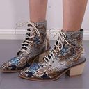 Vintage Satin Floral Embroidered Block Heel Cowboy Ankle Booties Blue Size 7 Photo 14