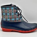 Sperry Saltwater Textile Navy Coral Aztec Print Snow Rain Duck Boots Women’s 8 Photo 0