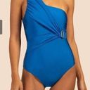 Trina Turk  Monaco Asymmetrical Spritz Blue One Piece Swimsuit - Size 10 Photo 0