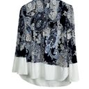 Joseph Ribkoff  Paisley Tuxedo Collar V-neck Trumpet Sleeve Blouse Size 10 Photo 1