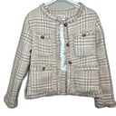 Houndstooth Beloved neutral pink fringe trim  tweed blazer size small Photo 0