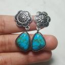 Vintage women silver plated Turquoise Dangle Drop Hoop Earrings Blue Photo 0