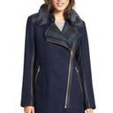 Sam Edelman  Navy Black Leah Coat Wool Faux Fur Vegan Leather Women's Small Photo 0