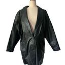 Vintage Leather Trench Jacket Puff Sleeve Button Front Black Oversized Large Photo 0