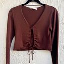 Mango NWOT  Long Sleeve Cut-Out V-Neck Knitted Cropped Sweater Chocolate Womens S Photo 2