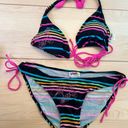 Vintage y2k 00s neon stripe hibiscus flower string triangle bikini size xl Photo 2