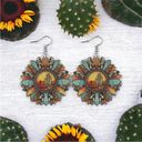 Sunflower shaped pendant drop‎ leopard pattern wooden hook earrings Photo 8