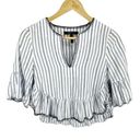 BCBGMAXAZRIA  Blue Striped Ruffle Cropped Blouse Sz XXS Short Sleeved V-neck Photo 0