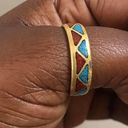 Native American Navajo Turquoise and Coral Ring Thin Band Sterling with turquoise, red, and gold accents tribal ethnic Photo 0