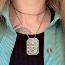 American Vintage Vintage “Jayne” Silver Tone Charm Pendant Necklace Rectangle Scroll Work Metallic Pin Photo 13