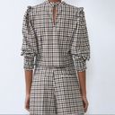 ZARA  Gingham Neutral Plaid Blouse Ruffled Puff Sleeve Preppy Top S Photo 10