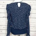 Carmen Marc Valvo  Navy Blue Polka Dot Puff Sleeve Blouse Size Small Photo 7