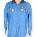 Basic Editions  Vintage Shirt Chambray Holiday Button Front Black Velvet Snowman Photo 0