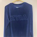 Zyia Active Velour Long Sleeve Sweatshirt Navy Blue Spell Out Athletic Womens M Photo 1