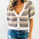 HOUSE OF HARLOW Women’s Revolve Striped Cropped Puff Sleeve Button Cardigan Med. Brown Photo 0