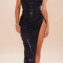 Pretty Little Thing NWT  Black Textured Sequin Cowl Neck Thigh Split Maxi Dress 12 Photo 1