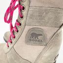 Sorel  Lexie Wedge Boots Quarry Grey Fuchsia Pink Lace Up Winter Booties Size 6 Photo 6